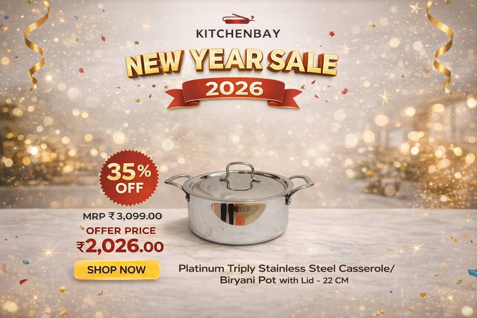 Platinum Triply Stainless Steel Casserole / Briyani Pot With Lid– 22CM