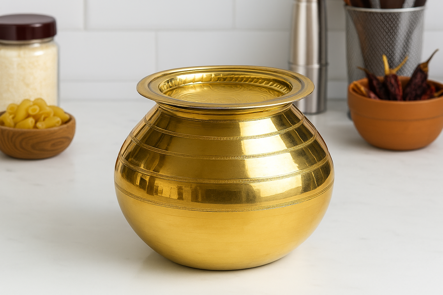 PURE BRASS PONGAL URULI/POT WITH LID(TIN COATED)