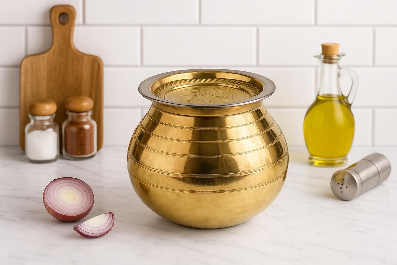 PURE BRASS PONGAL URULI/POT WITH LID(TIN COATED) - Image 2