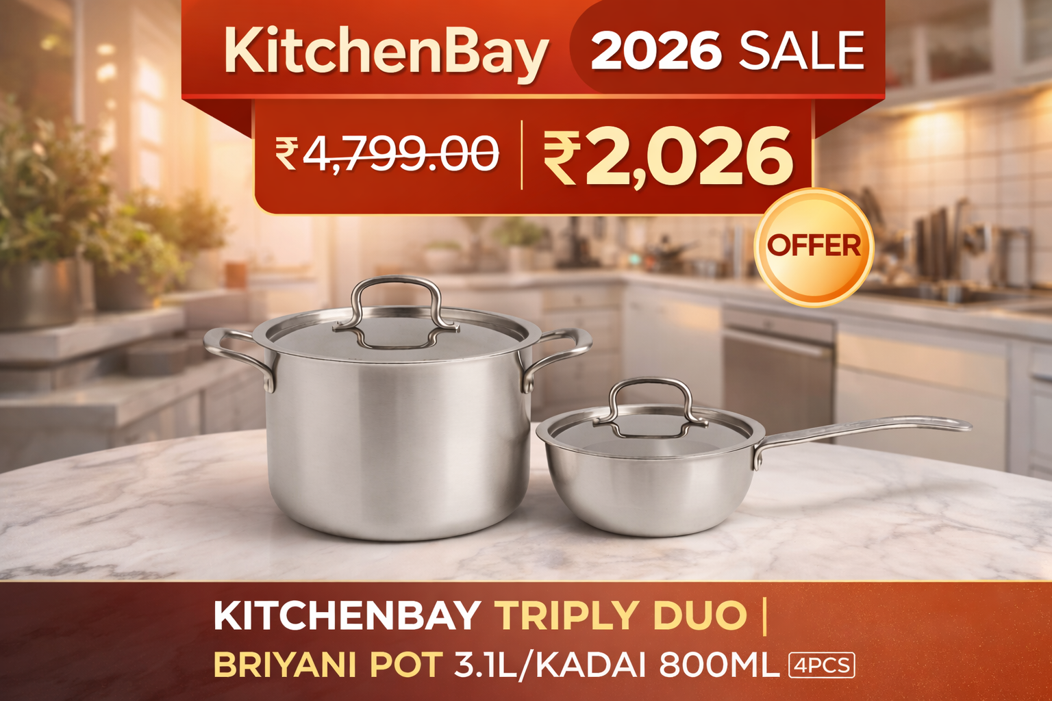 KITCHENBAY TRIPLY DUO | BRIYANI POT3.1L/ WOKPAN 800ML(4PCS)