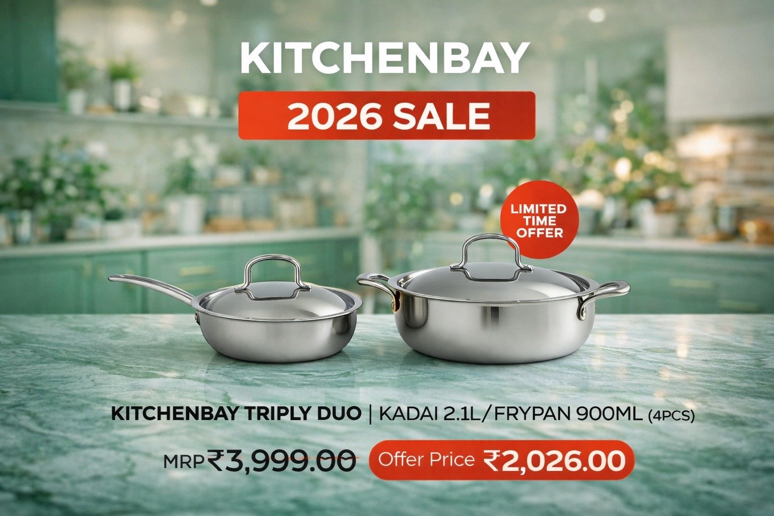 KITCHENBAY TRIPLY DUO | KADAI2.1L+FRYPAN900ML (4PCS)