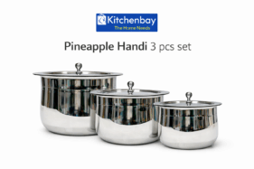 Kitchenbay Stainless Steel 6 Piece Handi Set | Pineapple Design Patila/Bhagona | Induction & Gas Compatible | 500ml 1000ml 1500ml | With Lid
