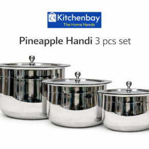 Kitchenbay Stainless Steel 6 Piece Handi Set | Pineapple Design Patila/Bhagona | Induction & Gas Compatible | 500ml 1000ml 1500ml | With Lid