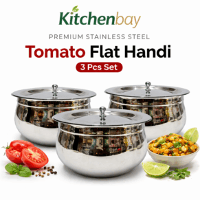 Kitchenbay Stainless Steel 6 Piece Handi Set | Tomato Design Flat Surface Patila/Bhagona | Induction & Gas Compatible | 400ml 700ml 1300ml | With Lid